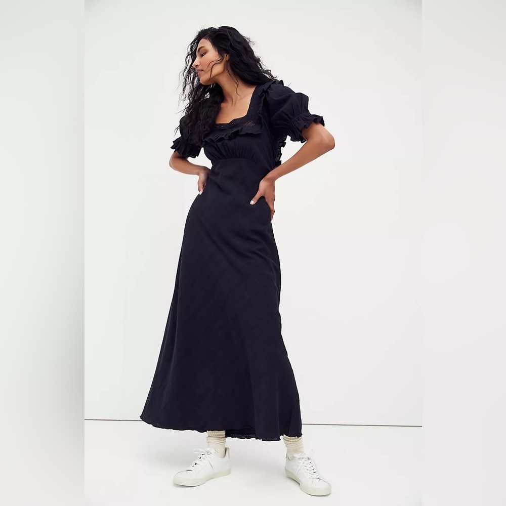 Free People Black Cotton Maxi Dress with Puff Sleeves